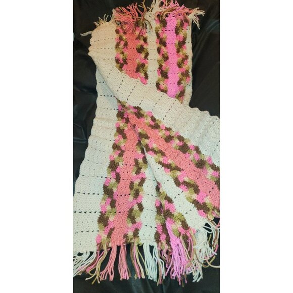 Handmade Crochet Afghan Baby Blanket Fringe 45x38  Multicolor Pink Brown NEW - Picture 3 of 9